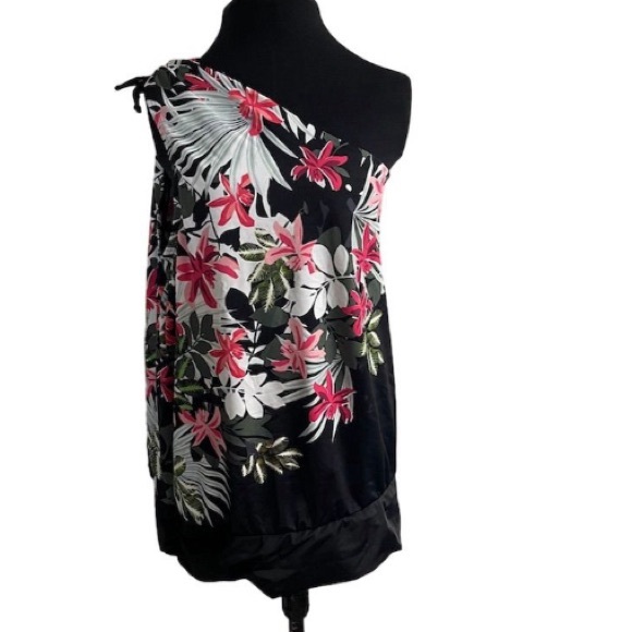 Swimsuits For All Women's Floral One Shoulder Takini Swim Top Black Size 24 - Picture 2 of 14